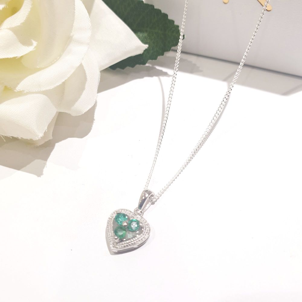 Emerald & Diamond Silver Heart Pendant and Chain