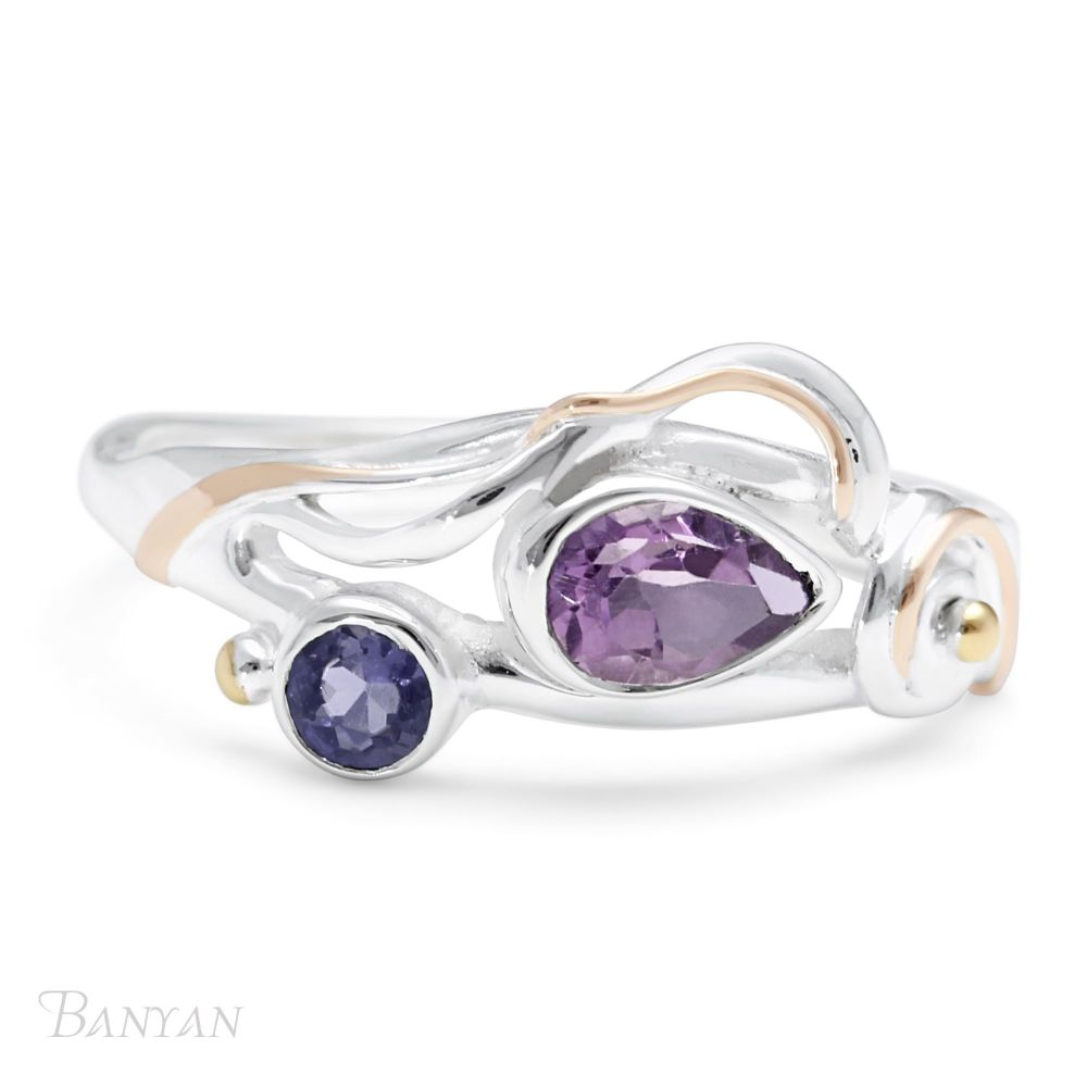 Banyan Silver Ring with Faceted Teardrop Amethyst and Iolite