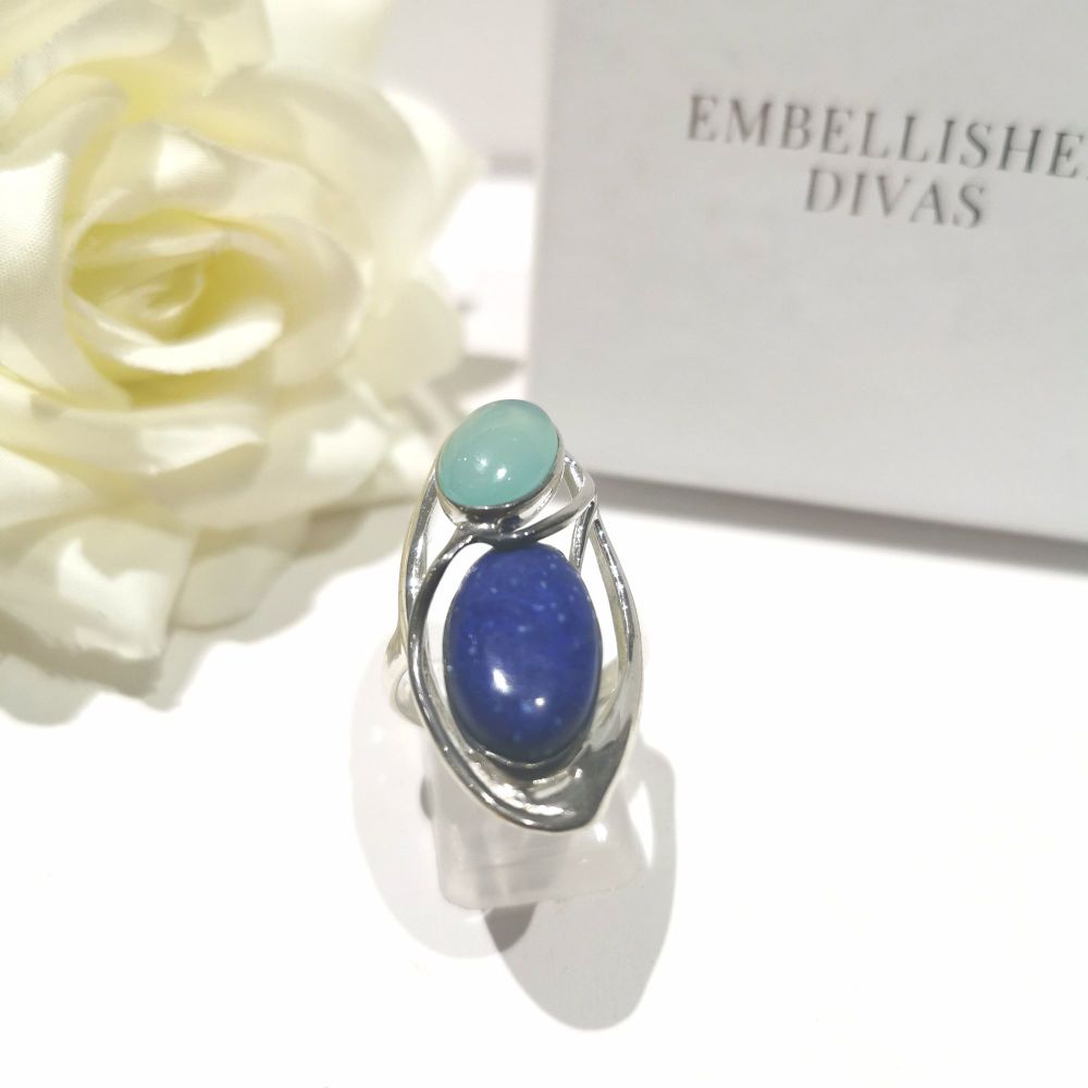 Silver Lapis Lazuli & Blue Chalcedony Oval Shaped Ring