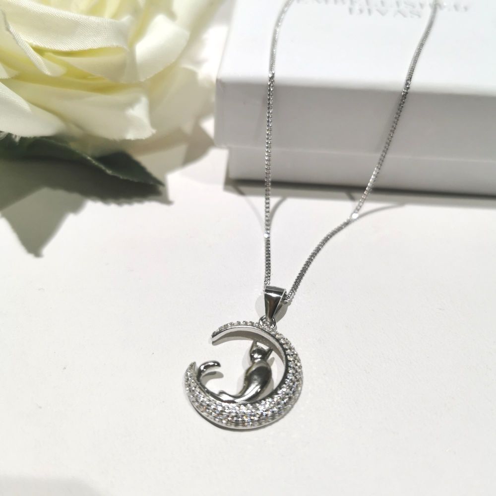 Silver Cat and Moon Pendant
