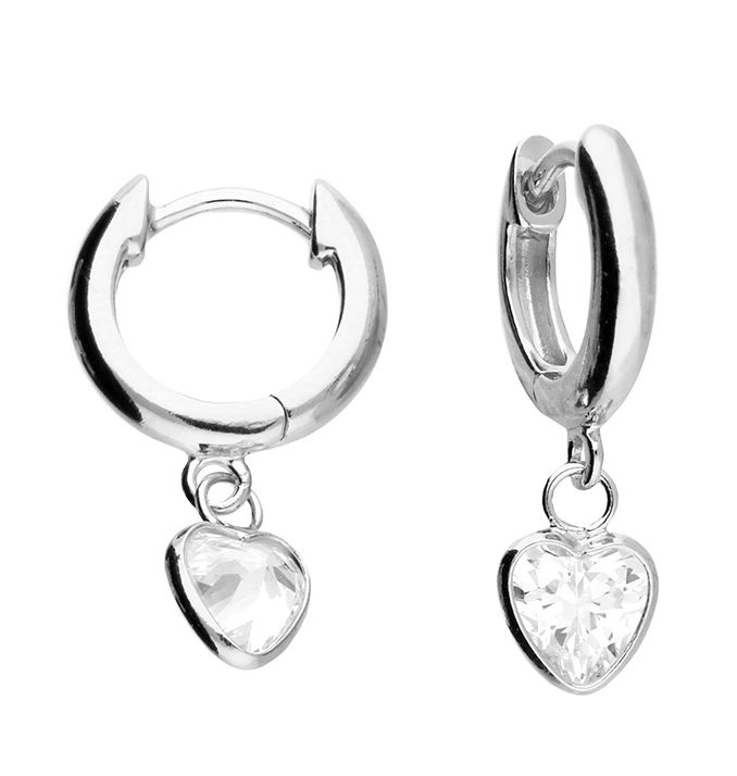 Silver Cubic Zirconia Heart Drop Huggie Earrings