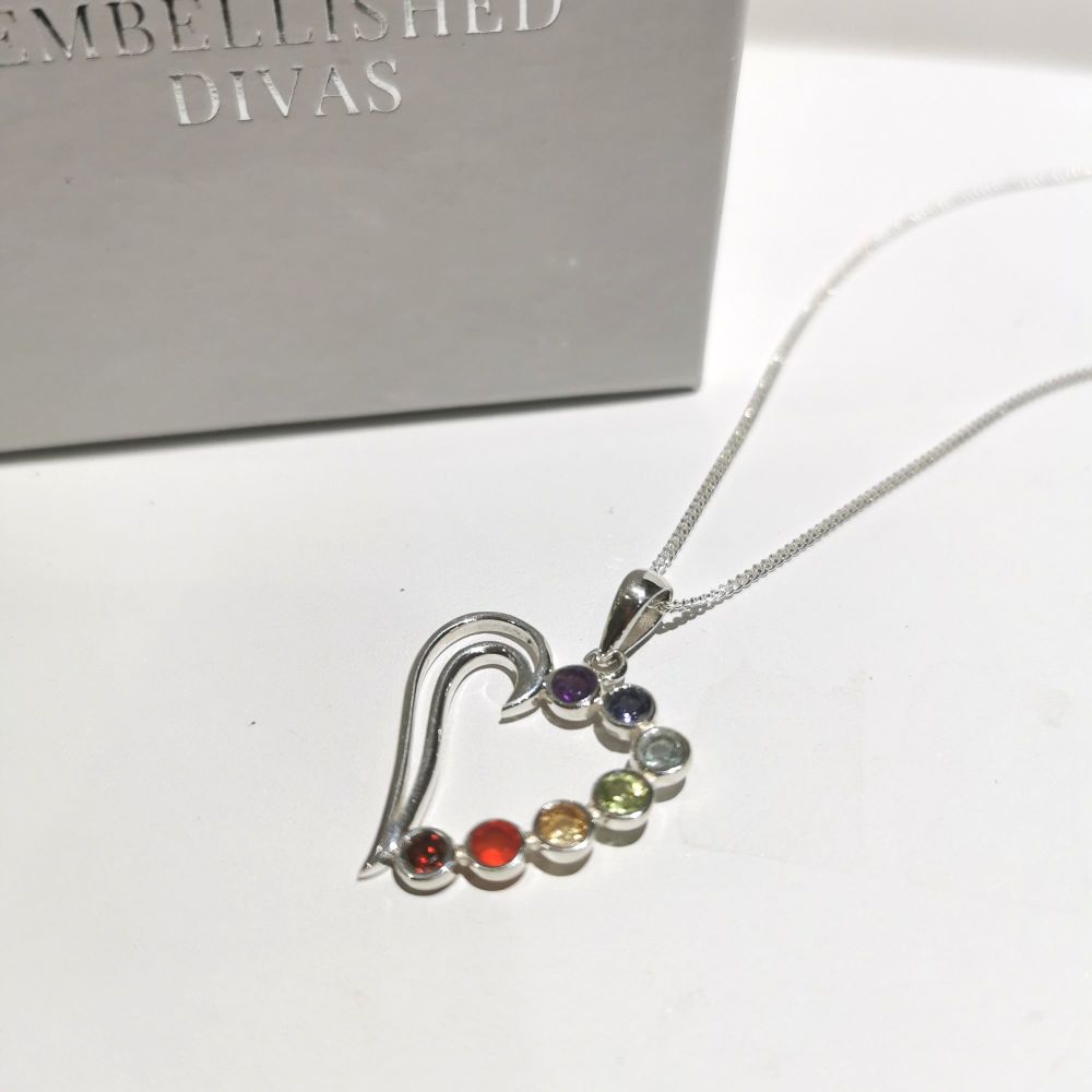 Silver Multi Gemstone Heart Pendant & Chain