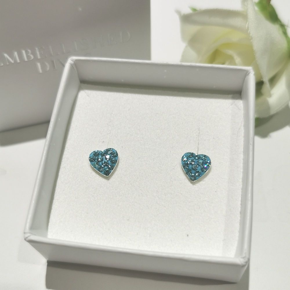 Silver Aqua Austrian Crystal Sparkling Heart Earrings