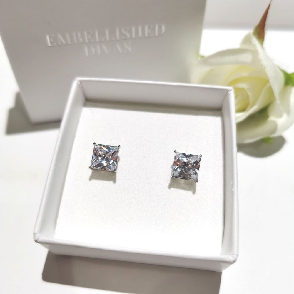 Silver 7mm Square Cubic Zirconia Earrings.