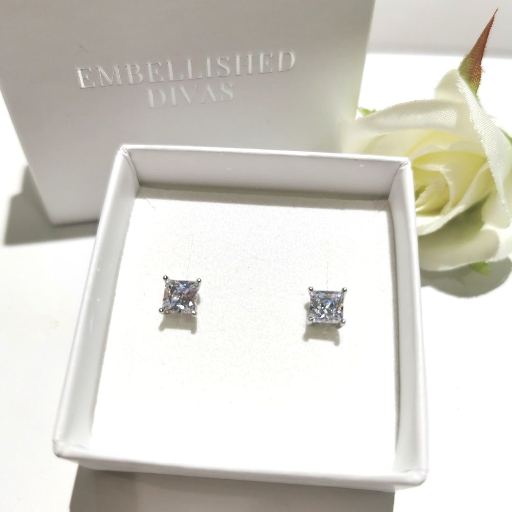 Silver 5mm Square Cubic Zirconia Stud Earrings