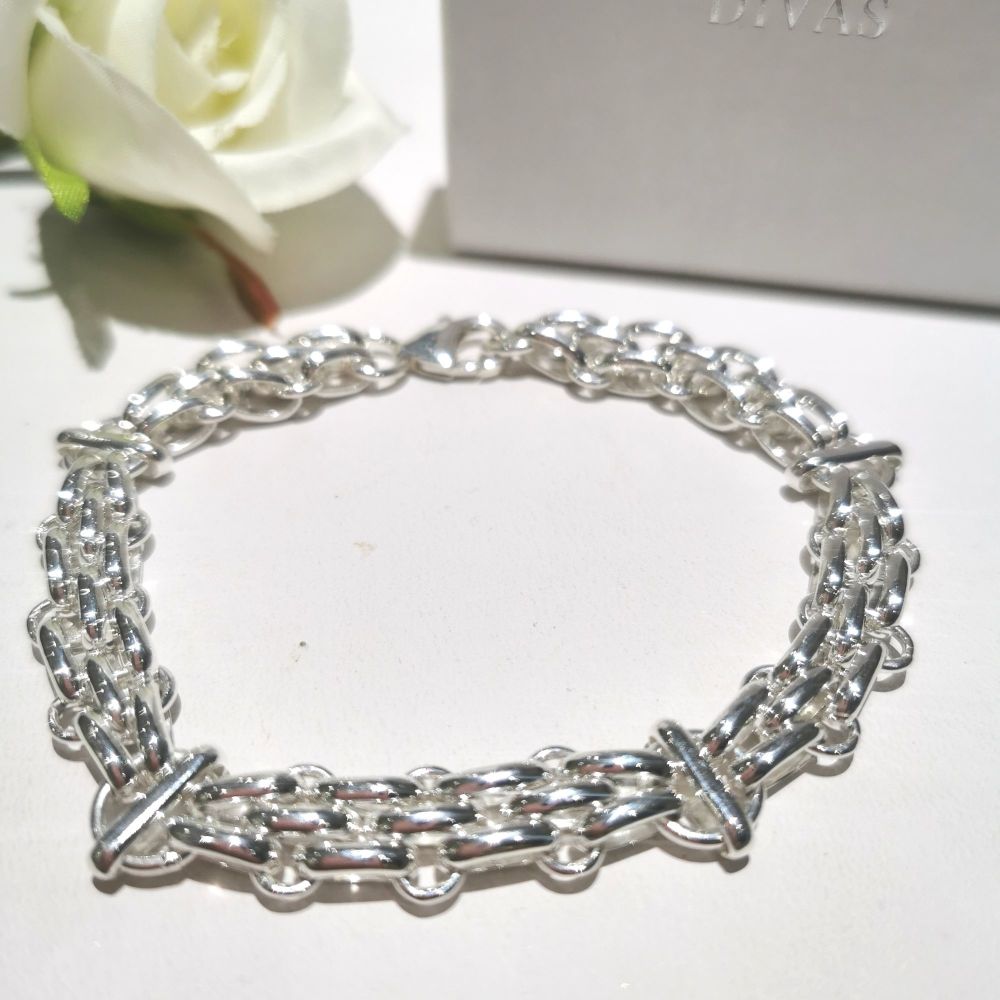 Silver Three Brick Style Chain Link Bracelet