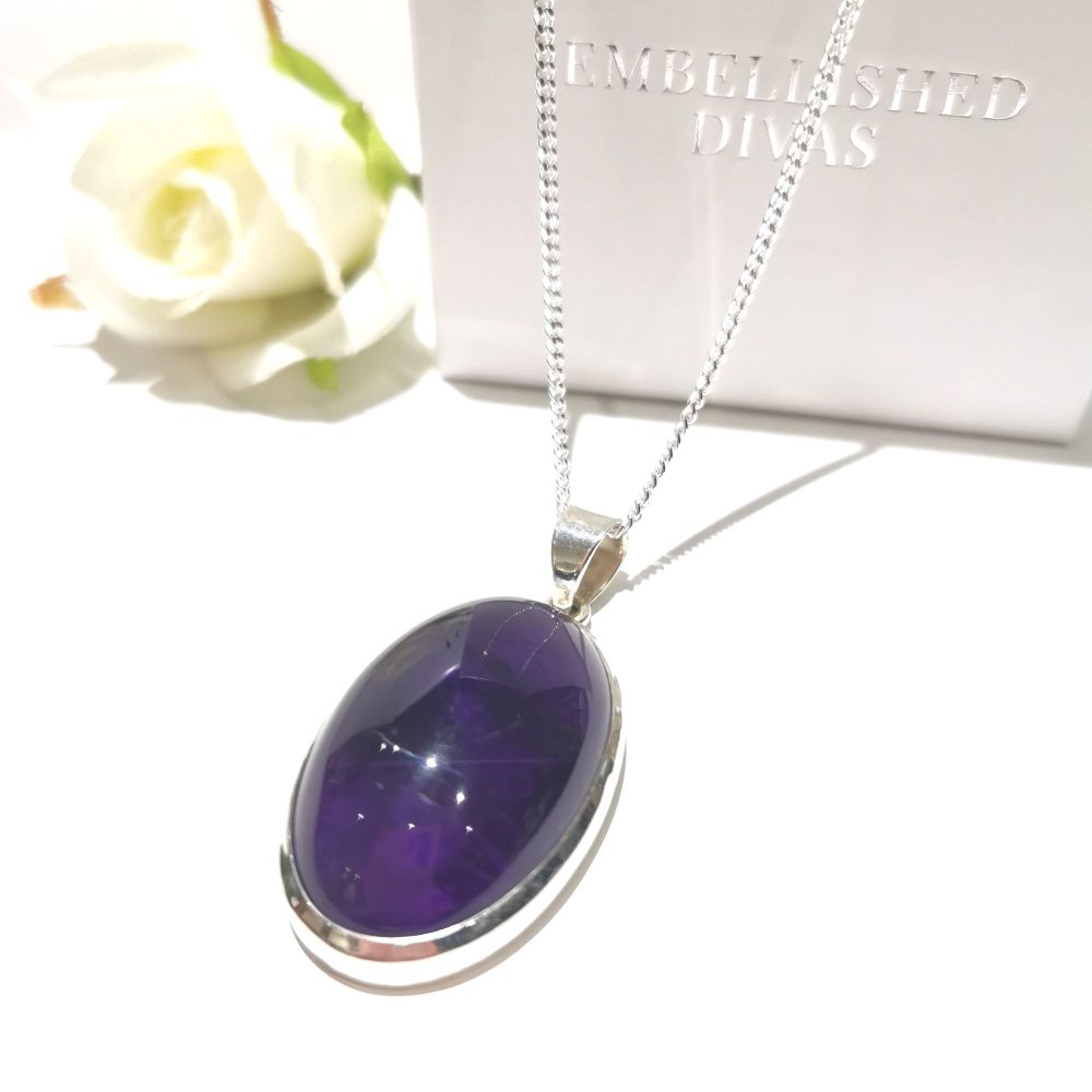 Large Silver And Amethyst Oval Pendant