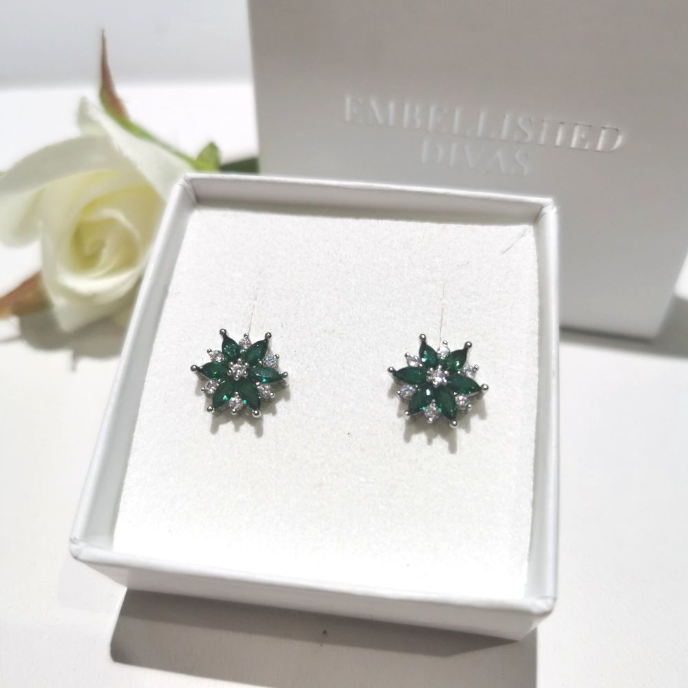 Silver & Emerald Cubic Zirconia Flower Stud Earrings