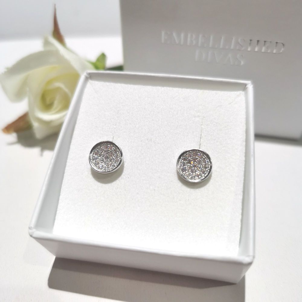 Silver Pave Set Cubic Zirconia Stud Earrings