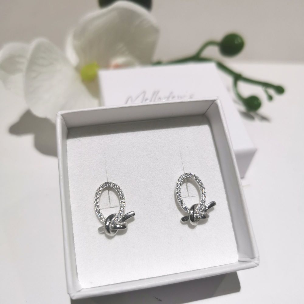 Silver Oval Knot Cubic Zirconia Stud Earrings