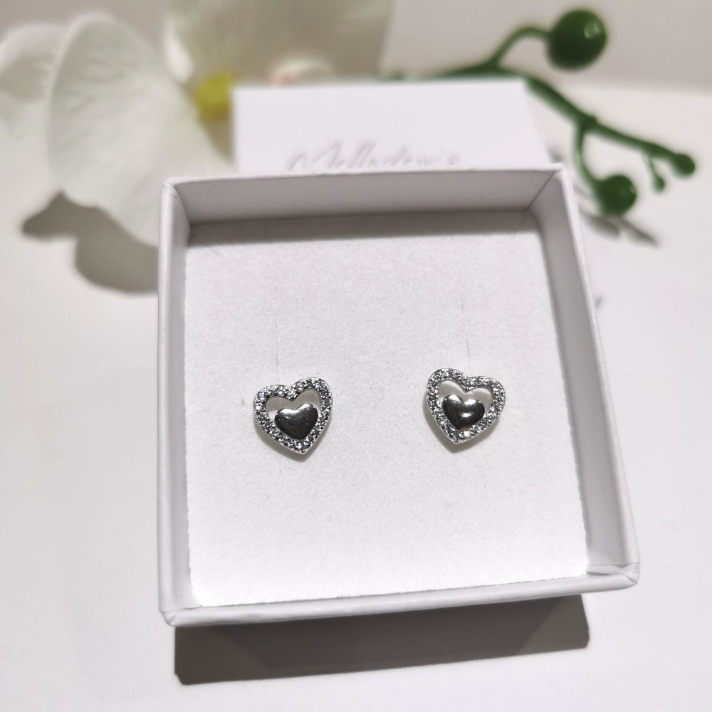 Silver Sparkling Double Heart Earrings