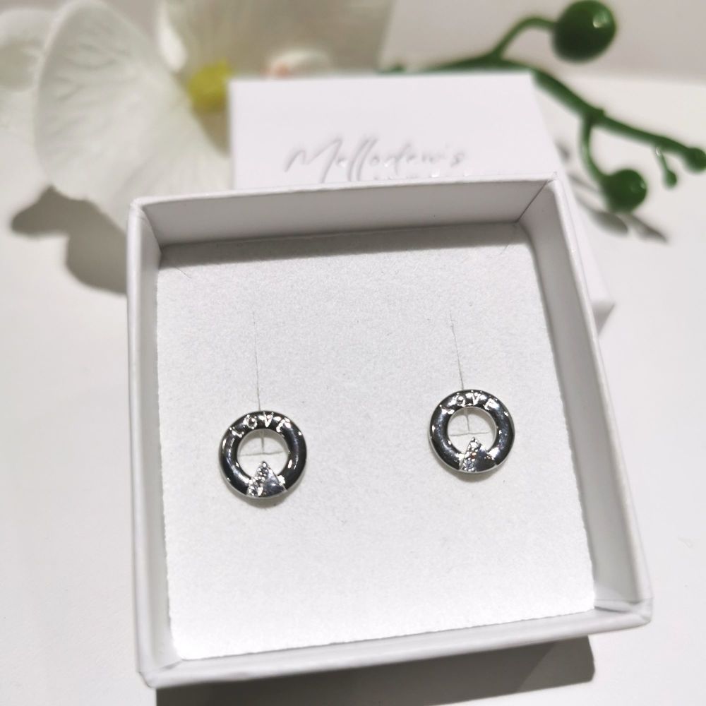 Silver 'LOVE' Circle Stud Earrings