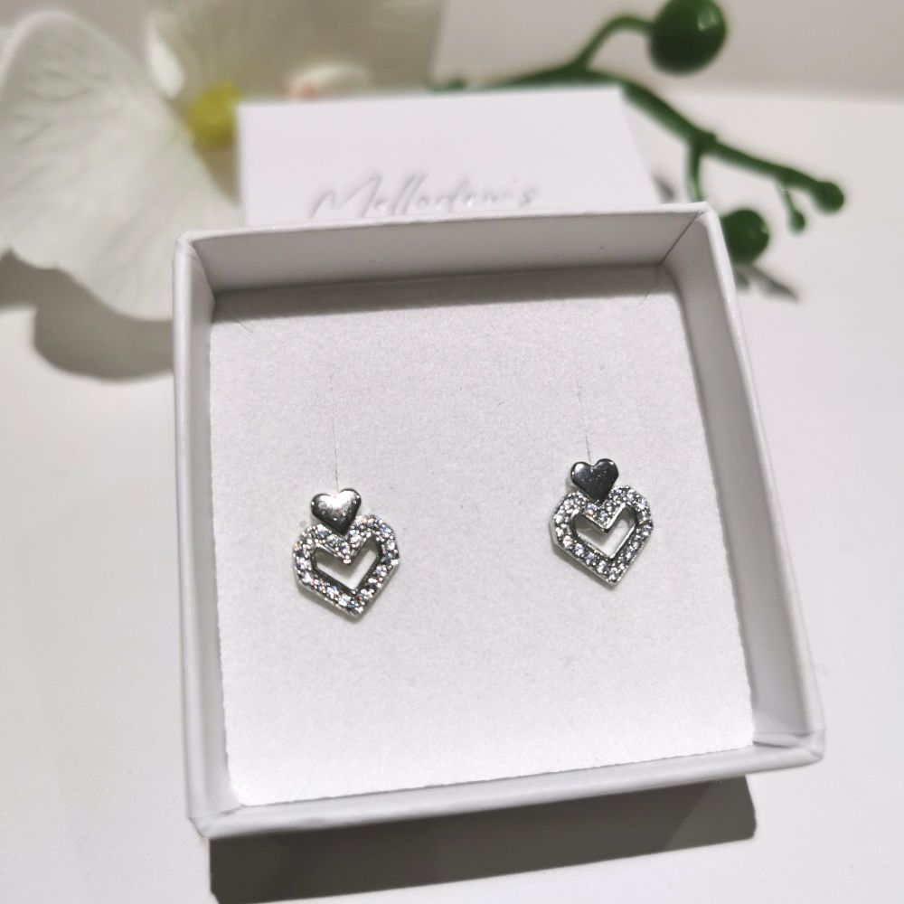 Silver Double Heart Cubic Zirconia Stud Earrings