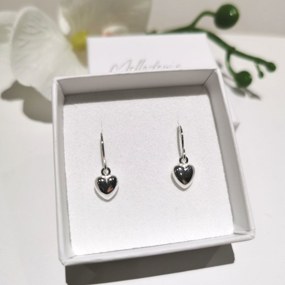 Silver Puffed Heart Drop Earrings