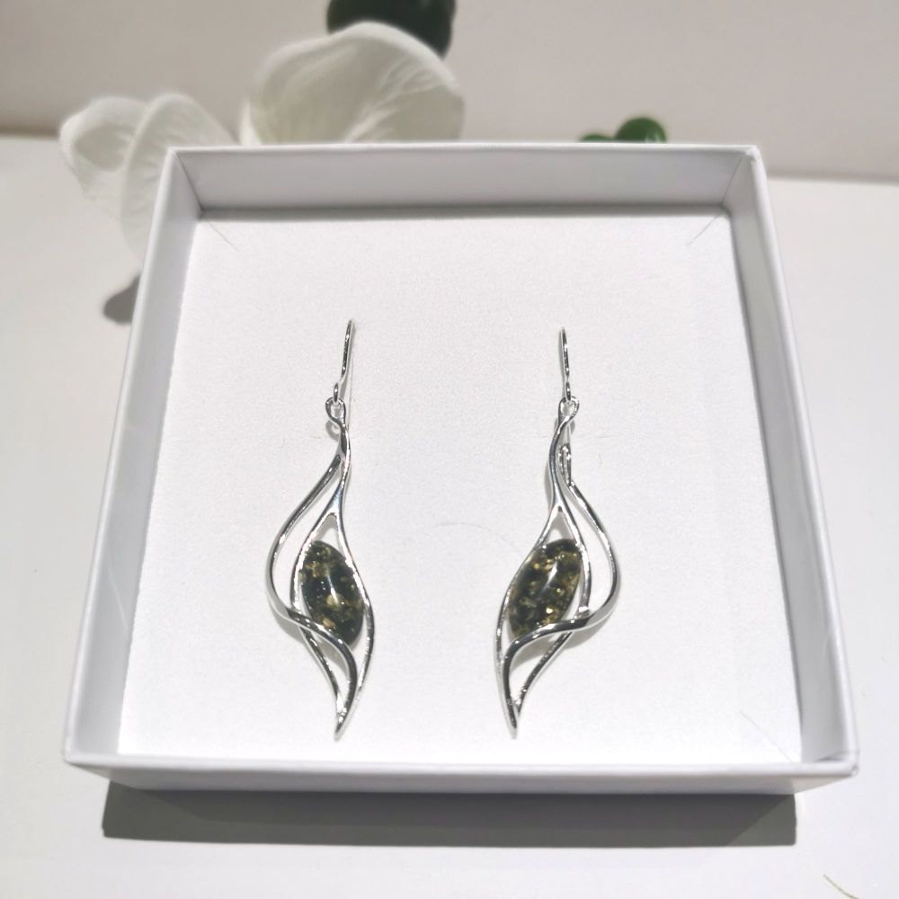 Large Silver & Amber Fancy Drop Earrings
