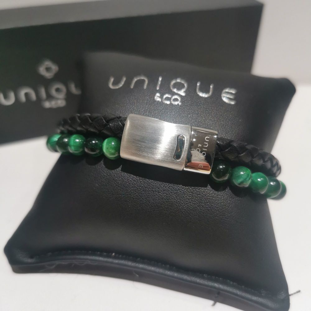 Unique & Co Black Leather & Green Tigers Eye Bracelet - B525GR