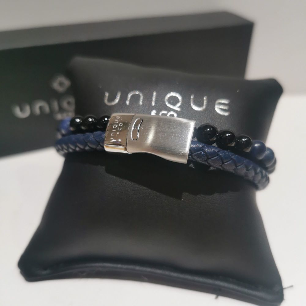 UNIQUE & CO Blue Leather Bracelet With Black Onyx - B539