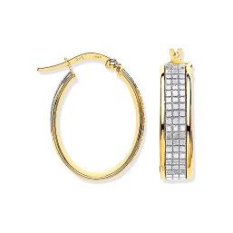 Yellow Gold Glitter Illusion Oval Hoop Earrings
