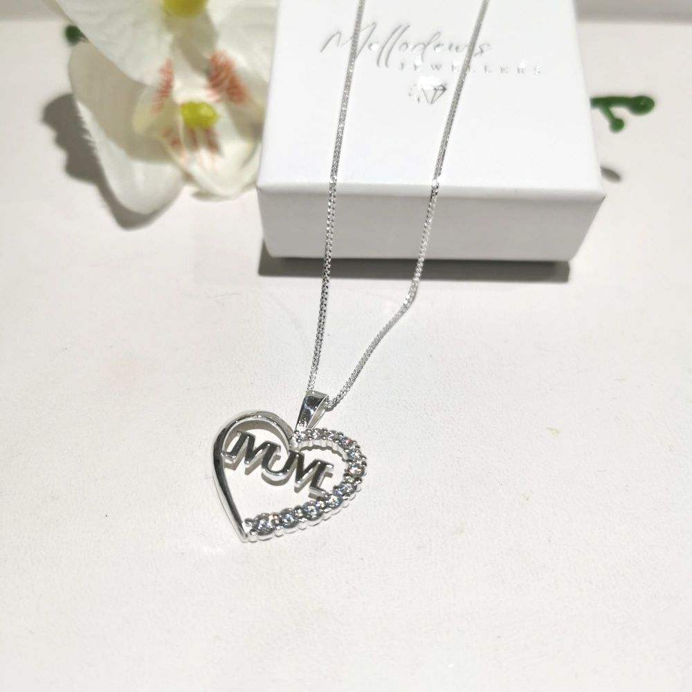 Silver Heart Sparkling 'MUM' Pendant & Chain