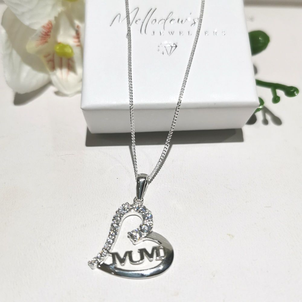 Silver 'Mum' Heart Cubic Zirconia Pendant & Chain