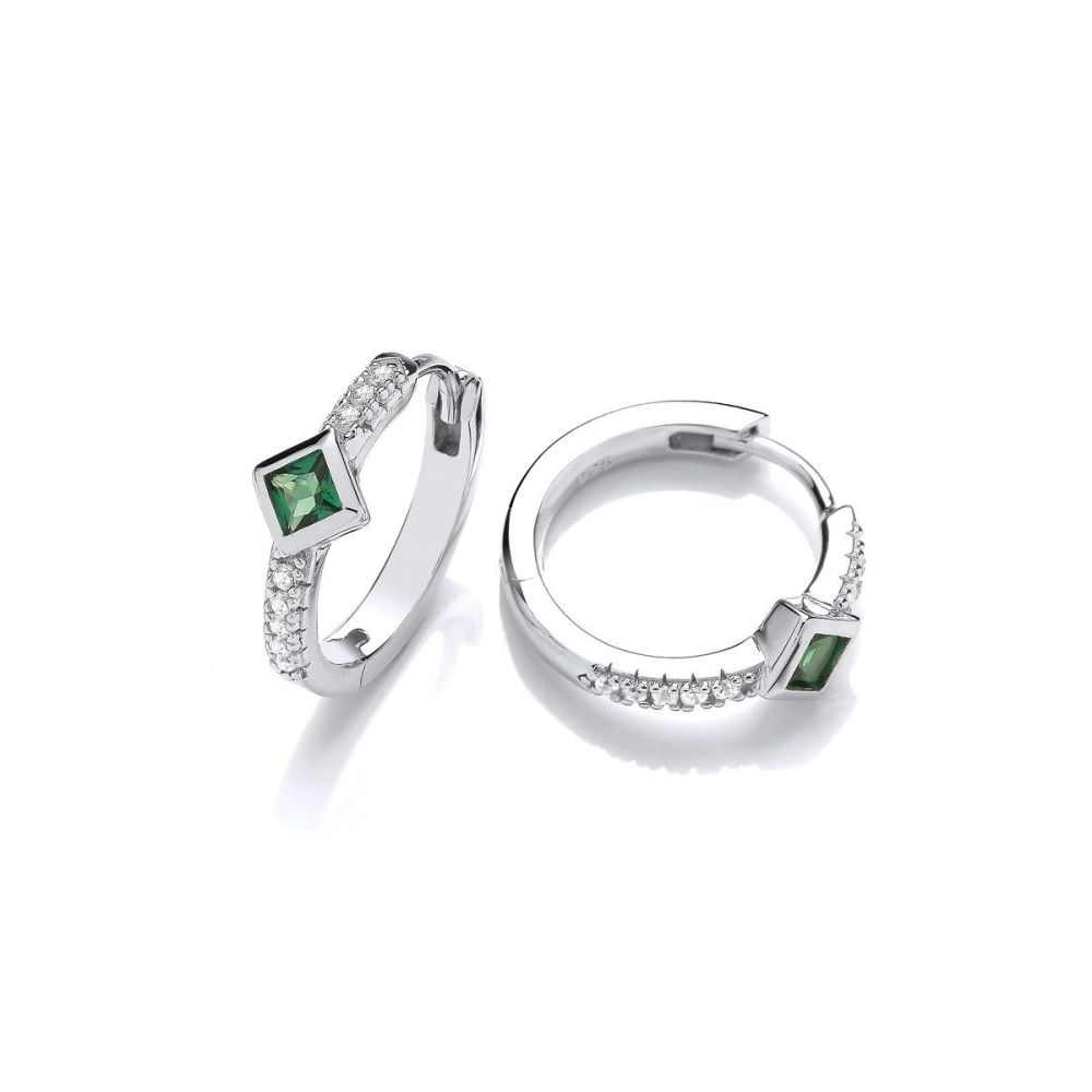 Silver & Emerald Cubic Zirconia Huggie Earrings - Cavendish French
