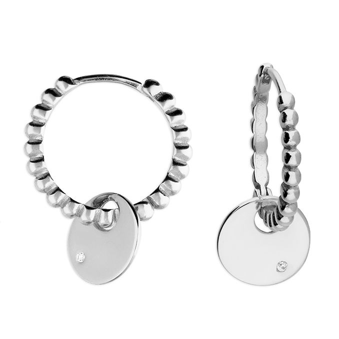 Silver Beaded Huggie Earrings With Disc Charm