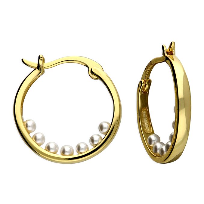 Yellow Gold Plated Silver 17mm Faux Pearl Boat Hoop Earrings