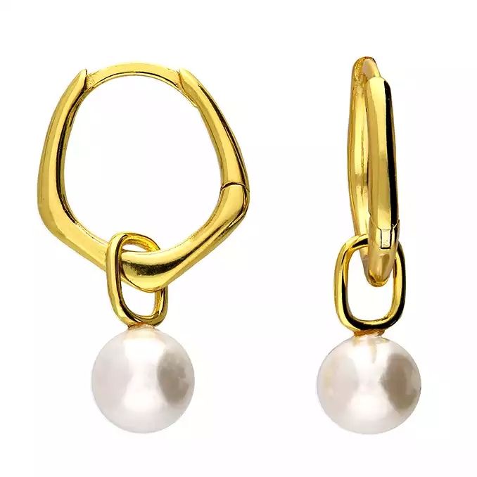 Gold Pearl Charm Hoop Huggie Earrings