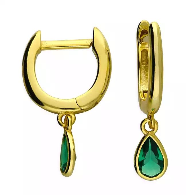 Gold Horseshoe Huggie Hoop with Emerald Teardrop Charm