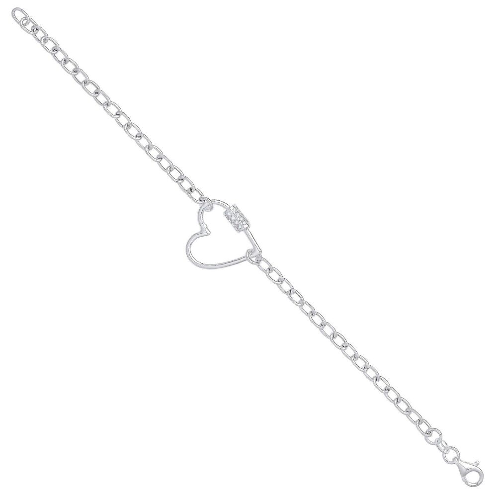 Silver Oval Link Chain , Heart Cz Charm Bracelet
