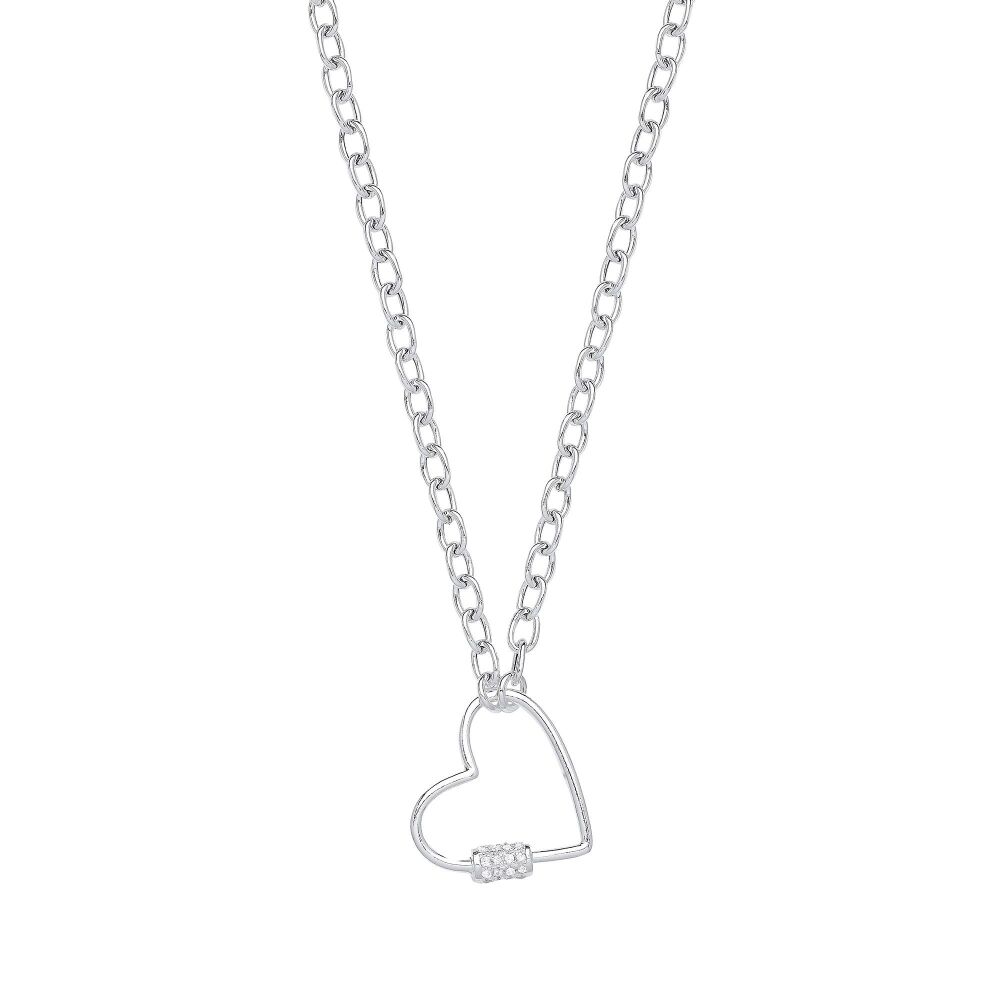 Silver Oval Link Chain , Heart Cz Charm Necklace