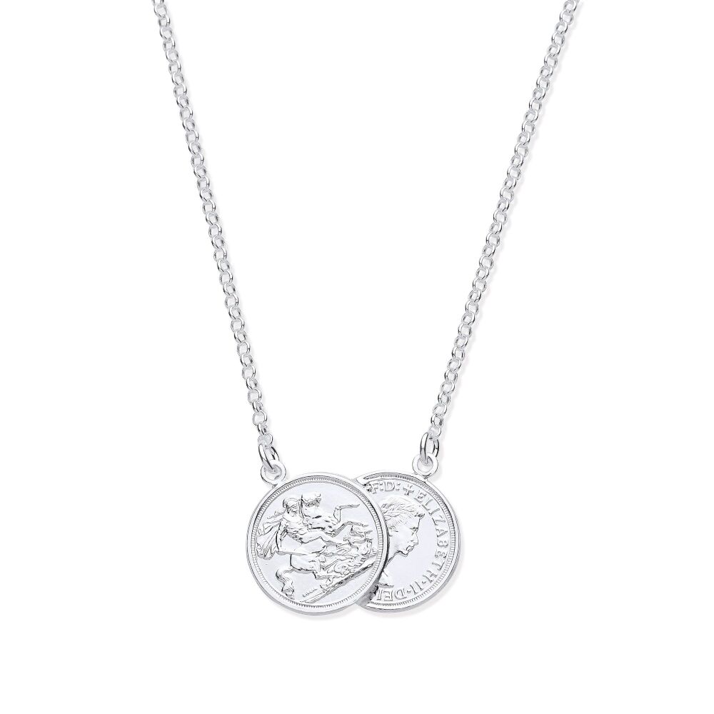 Silver Double Coin Pendant 17" Necklace