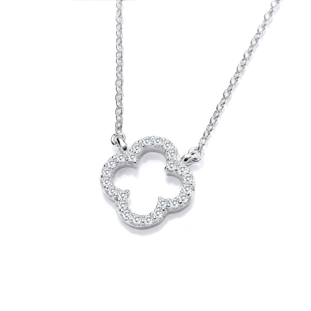 Silver & Cubic Zirconia Open Clover Necklace - 6973 