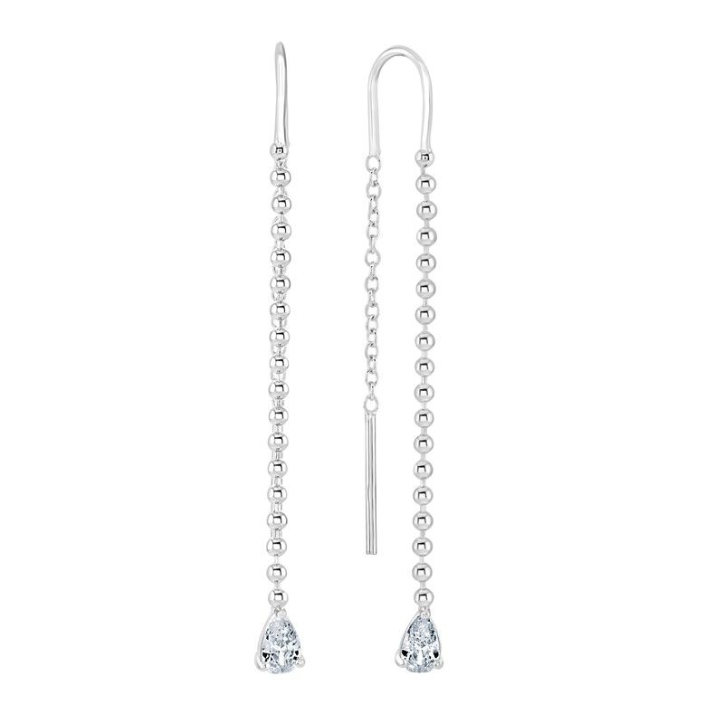 Silver Long Beaded Drop Earring Pull Through Earrings