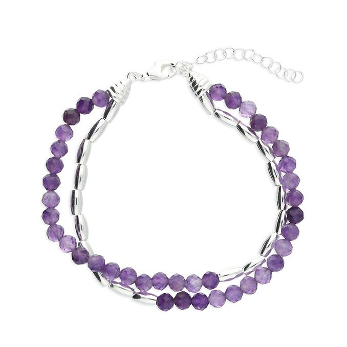 Double Row Silver & Natural Amethyst Bracelet