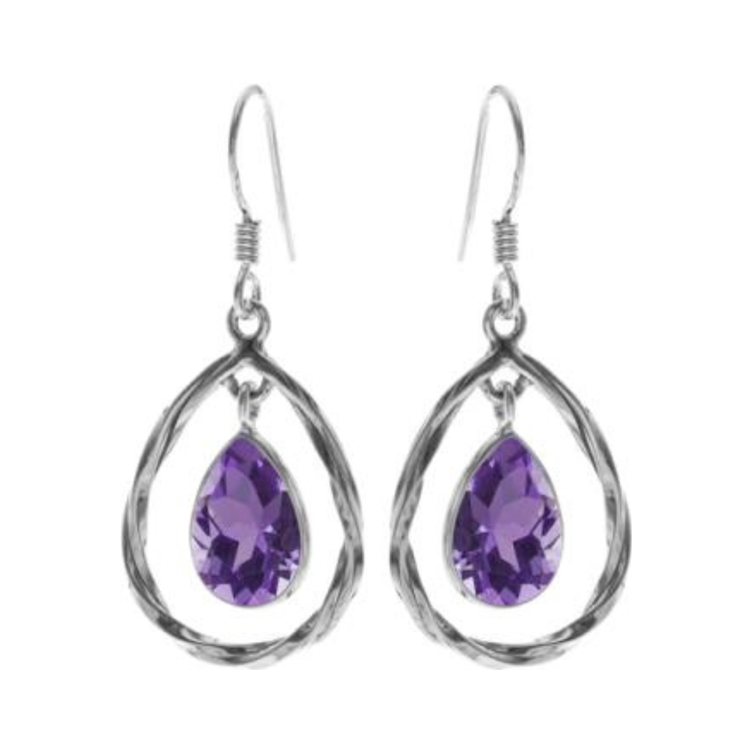 Silver and Amethyst Twisted Teardrop Earrings