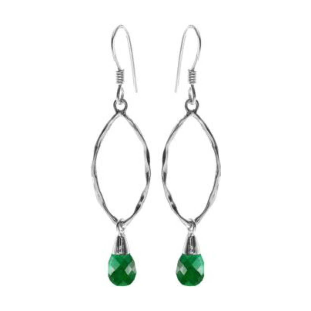 Briolette Emerald Quartz Silver Marquis Hoop Drop Earrings