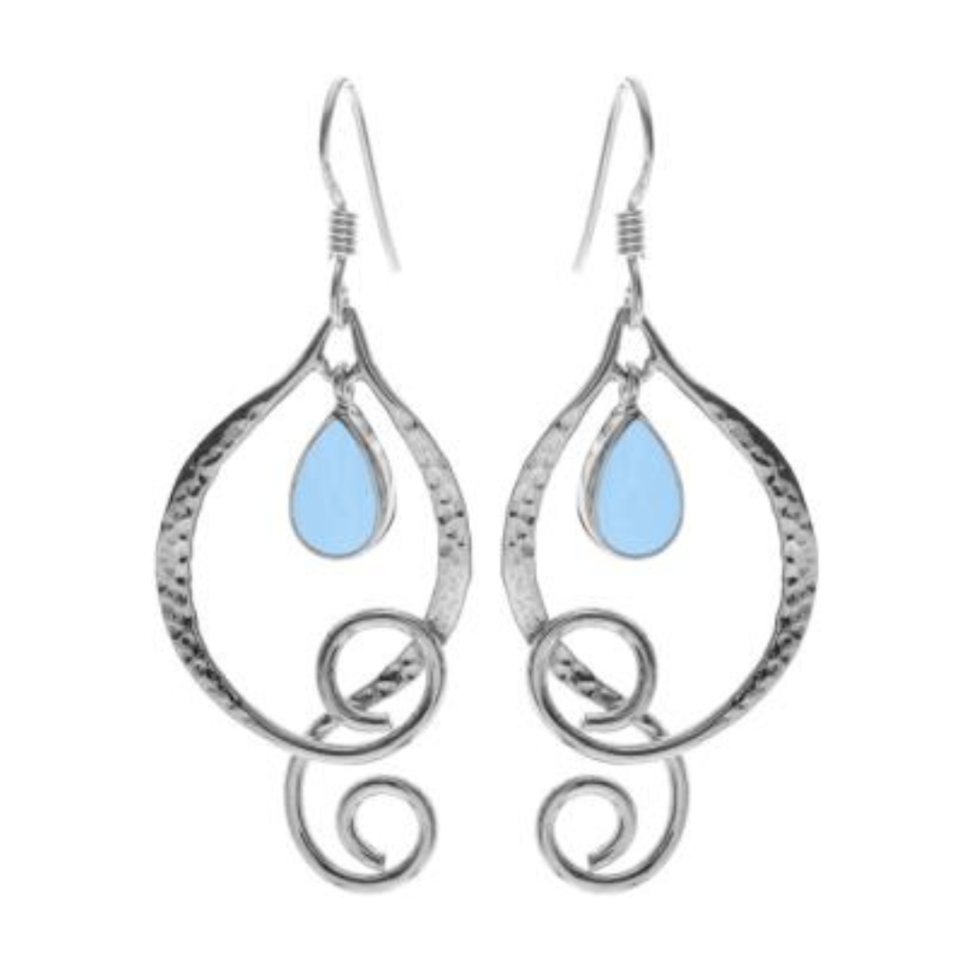 Ornate Hammered Swirl Blue Chalcedony Earrings