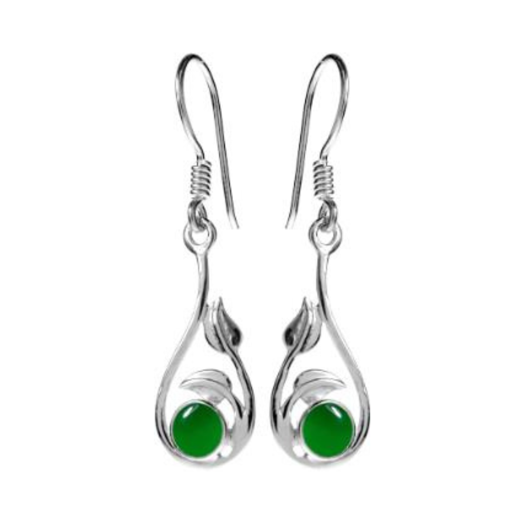 Round Green Agate Silver Leaf Drop Earrings