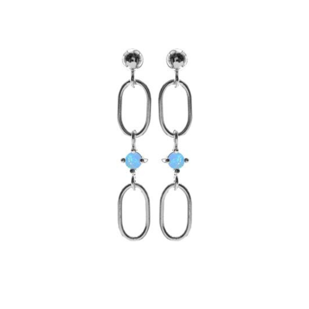 Silver Oval Link & Blue Opalique Drop Earrings