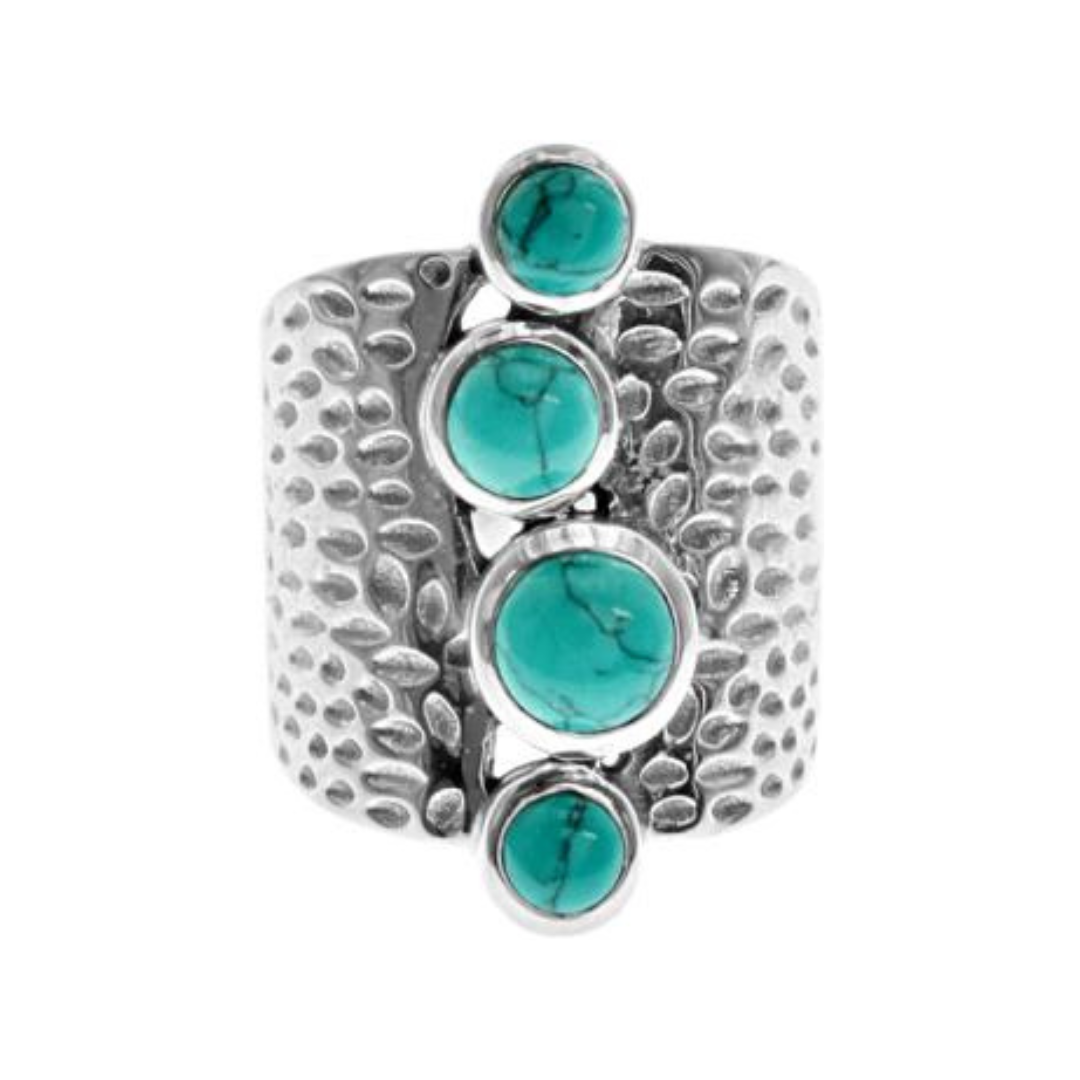 Four Stone Turquoise Wide Textured Band Ring