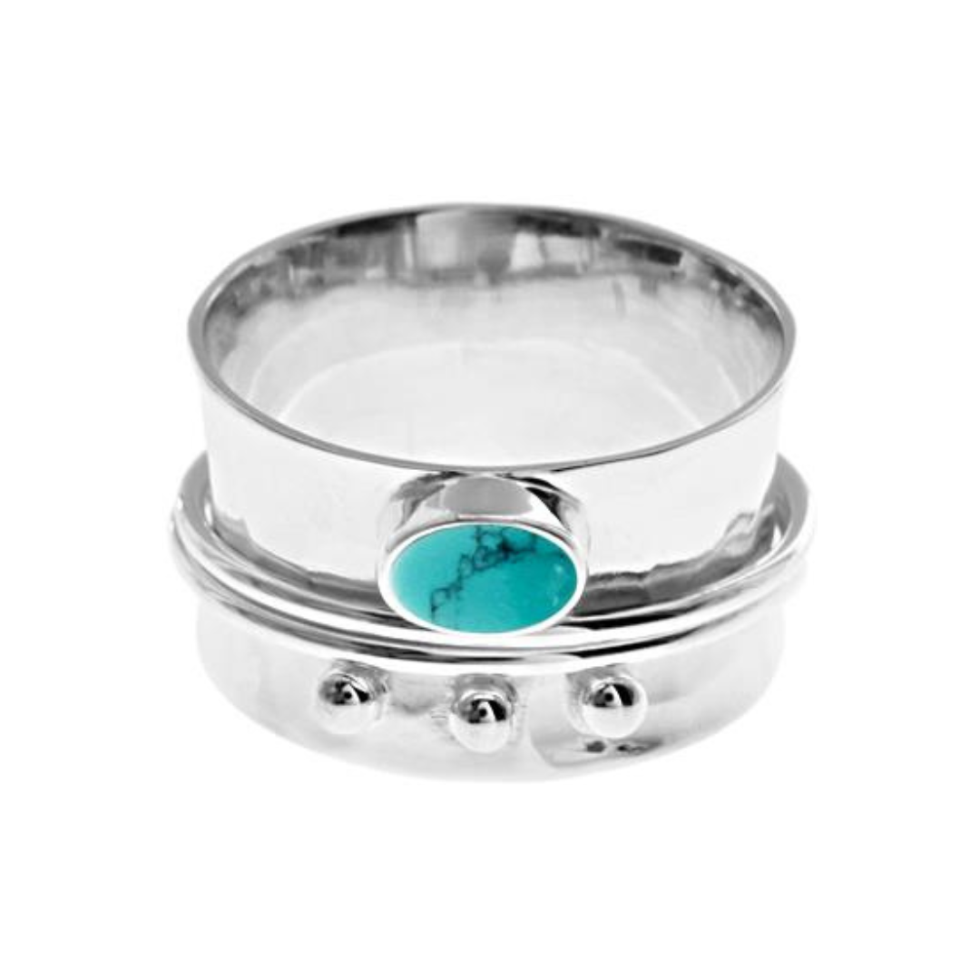 Wide Silver Stress Ring With Triple Ball & Turquoise