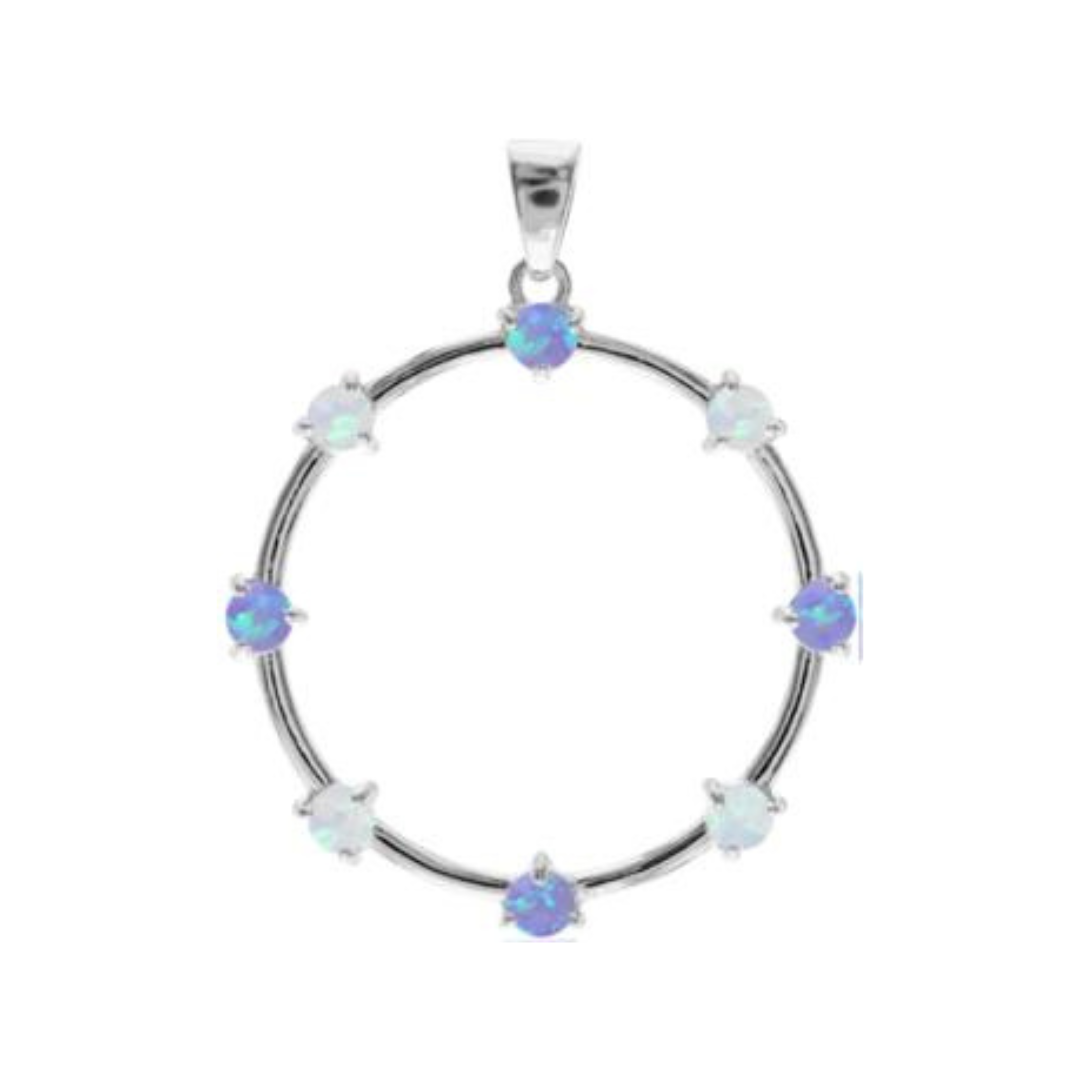 Mixed Blue & White Opalique Silver Circle Pendant & Chain