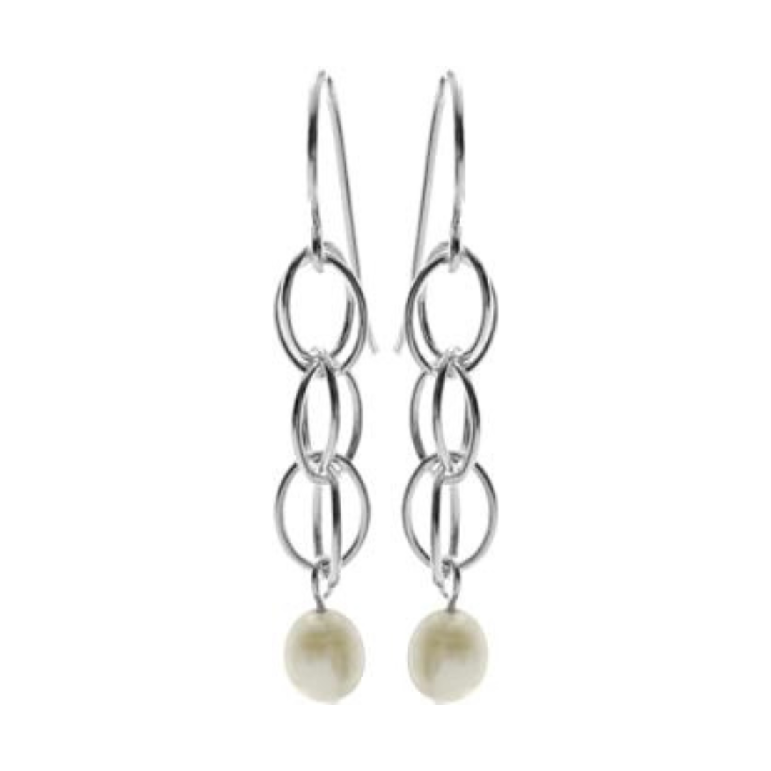 Multi-linked Silver Loop Freshwater Pearl Earrings
