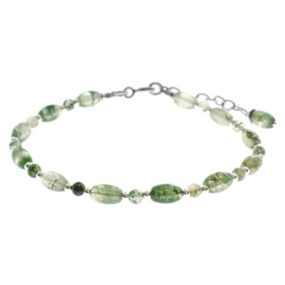 Oval & Round Moss Agate & Silver Bead Bracelet