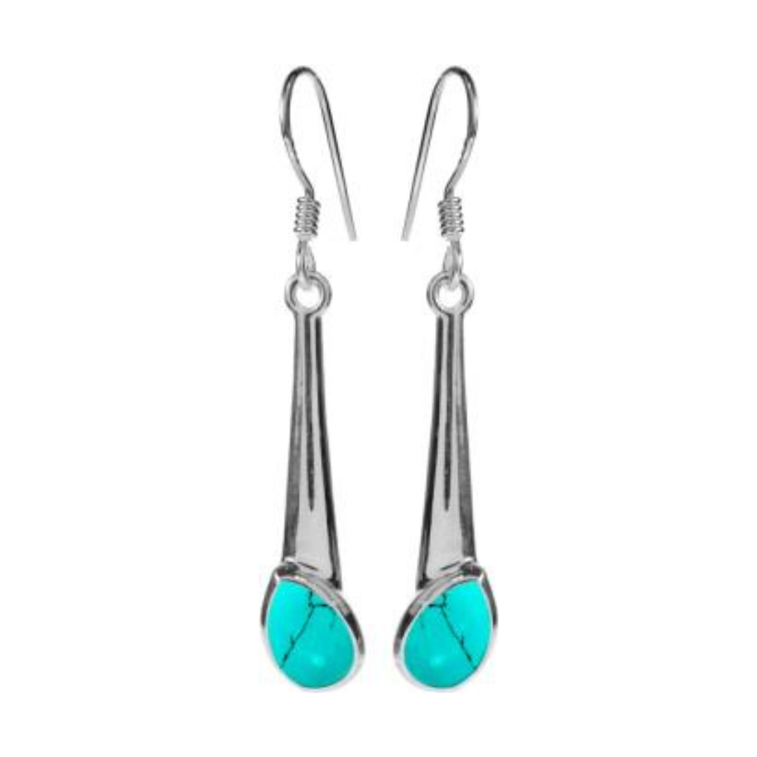 Long Tapered Stem Silver Turquoise Drop Earrings