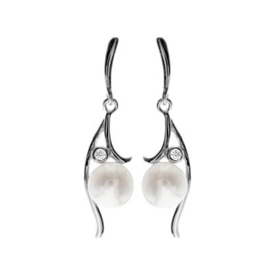 Silver, Freshwater Pearl and CZ Drop earrings