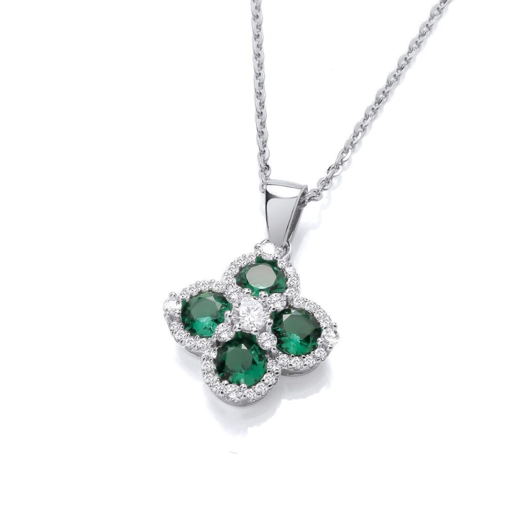 Cavendish French Silver & Emerald Cubic Zirconia Vintage Clover Pendant