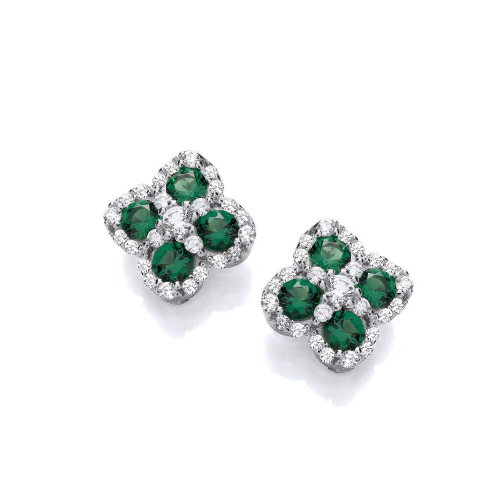 Cavendish French Silver & Emerald Cubic Zirconia Vintage Clover Earrings