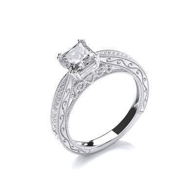 Cavendish French Silver & Cubic Zirconia Ornate Princess Cut Ring